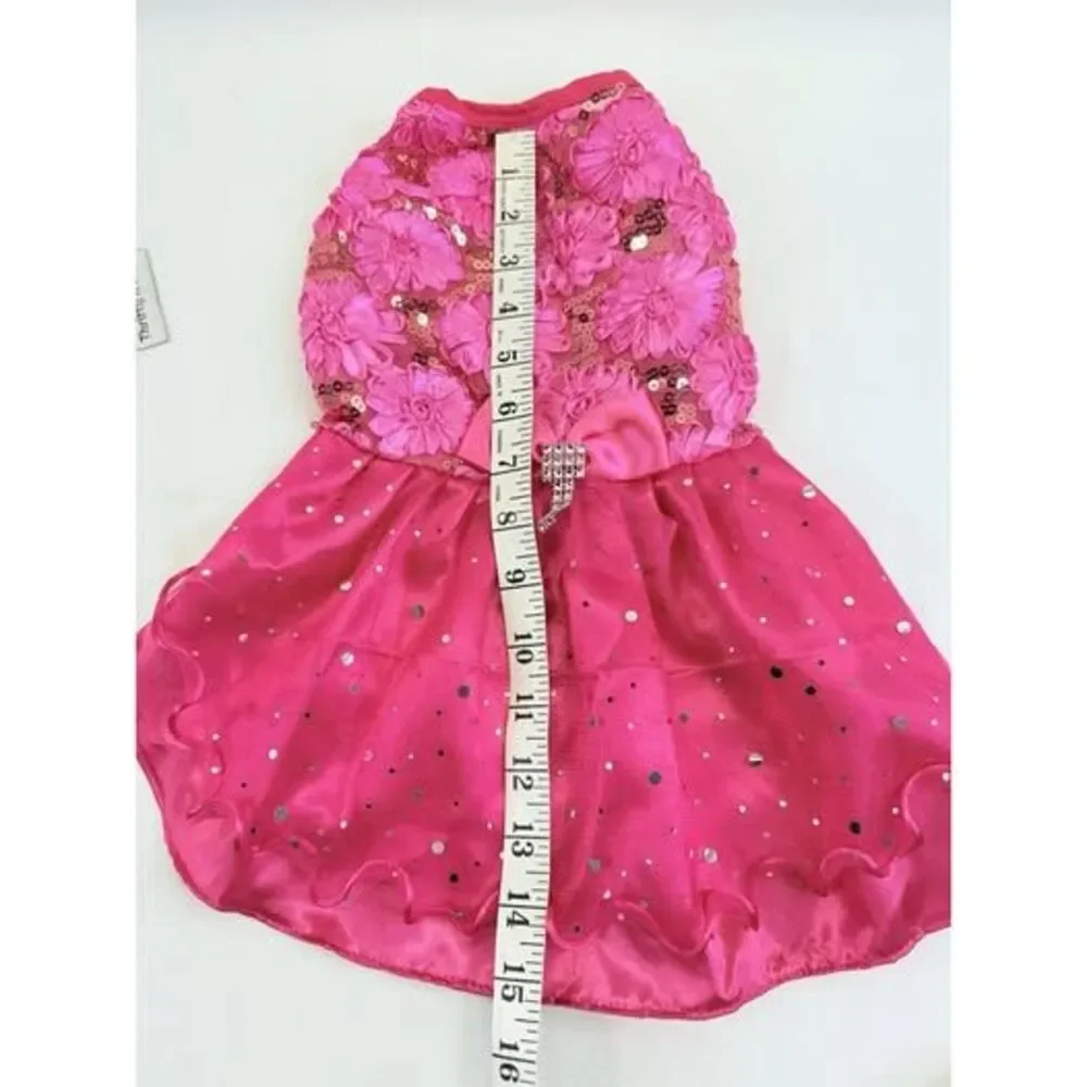 Dog Fuchsia Dress Luxurious Satin Flowers-Sequins & Bow Size 2